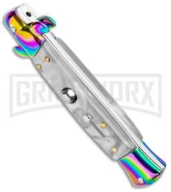 Milano 9" Italian Stiletto White Swirl Automatic Knife - Bayonet Spectrum -Knivesand Tools Shop Milano 9in Italian Stiletto White Swirl Auto Bayo Spectrum GSE019RBMWT GX 33537 jr spine large