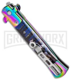 Milano 9" Stiletto Wolves Automatic Knife - Bayonet Satin -Knivesand Tools Shop Milano 9in Stiletto Wolves Auto Bayo Spectrum 909GRYSL GX 33511 jr side large