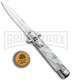 Milano 7.5" Lever Lock Automatic Knife White Marble - Bayonet Satin -Knivesand Tools Shop Milano LL Auto White Marble Bayo Satin GSE020MWT GX 33522 jr bottlecap large