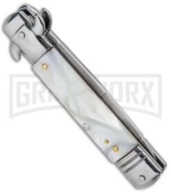 Milano 7.5" Lever Lock Automatic Knife White Marble - Bayonet Satin -Knivesand Tools Shop Milano LL Auto White Marble Bayo Satin GSE020MWT GX 33522 jr side large