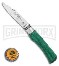 Antonini Old Bear Young Small Folding Green Wood Knife - Satin Blunt -Knivesand Tools Shop Old Bear OBy Juniors Knife BHQ 116337 LS Bottlecap large