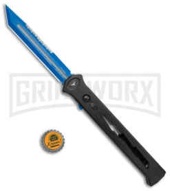 Paragon Estiletto Black Bolt Automatic OTF Knife - Blue Tanto -Knivesand Tools Shop Paragon Estiletto Tanto OTF Auto Black Lightning Bolt Blue Serr EST T LB B CBLU BHQ 103600 jr bottlecap large