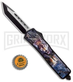 Rumble Black D/A OTF Automatic Knife Tanto Wolf Graphic - Two-Tone Plain -Knivesand Tools Shop Rumble Black DA OTF Auto Tanto Wolf Graphic TT GX 34142 jr bottlecap large