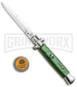SKM 9" Italian Stiletto Acrylic Green Automatic Knife - Bayonet -Knivesand Tools Shop SKM 9in Stiletto Auto Green Acrylic Satin Bayo BHQ 51256 jr bottlecap large