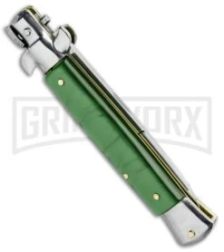 SKM 9" Italian Stiletto Acrylic Green Automatic Knife - Bayonet -Knivesand Tools Shop SKM 9in Stiletto Auto Green Acrylic Satin Bayo BHQ 51256 jr side large