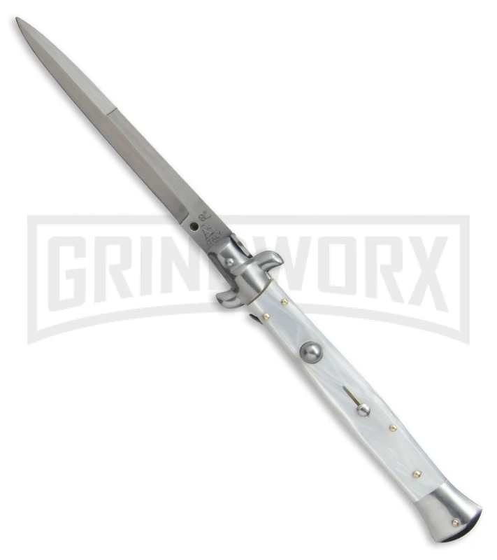 SKM/AB 11" Italian Stiletto White Pearlex Automatic Knife - Bayonet SKM/AB 11" Italian Stiletto White Pearlex Automatic Knife - Bayonet -Knivesand Tools Shop SKM AB 11in Bayo White BP 18677 jr large