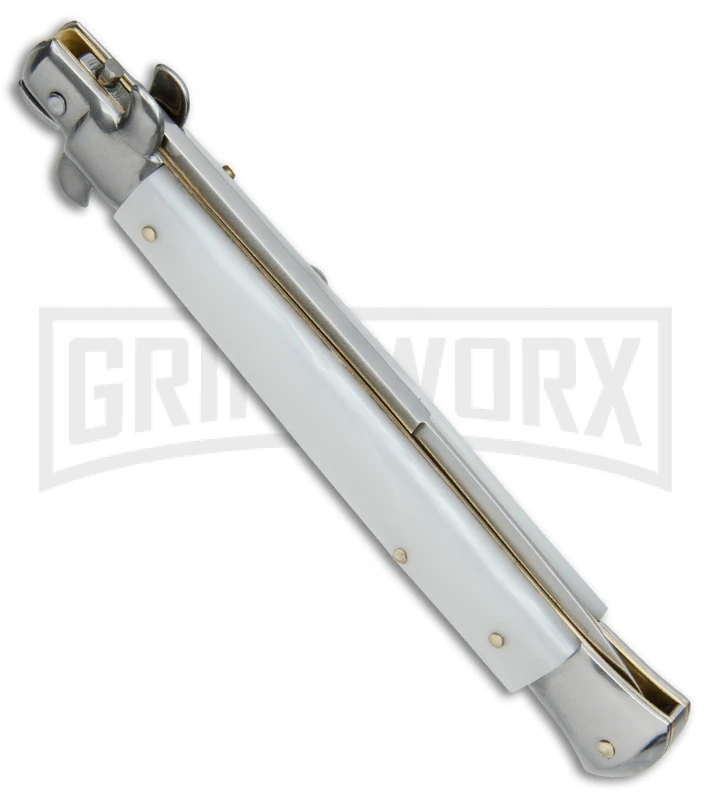 SKM/AB 11" Italian Stiletto White Pearlex Automatic Knife - Bayonet SKM/AB 11" Italian Stiletto White Pearlex Automatic Knife - Bayonet -Knivesand Tools Shop SKM AB 11in Bayo White BP 18677 jr side large