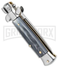 SKM/AB 5.5" Italian Stiletto Dark Horn Automatic Knife - Swedge -Knivesand Tools Shop SKM AB 5.5in Italian Stiletto Dark Horn Auto Swedge GX 31317 jr side large