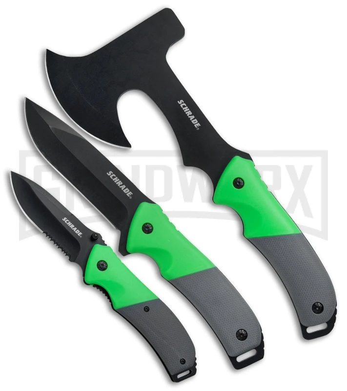 Schrade Three Piece Green Rubber Outdoor Combo Pack Schrade Three Piece Green Rubber Outdoor Combo Pack -Knivesand Tools Shop Schrade 3 Piece Outdoor Fixed Folder Axe Green Rubber Set SCP17 36CP BHQ 75970 jr large
