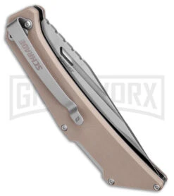 Schrade Slingshot Tan G-10 Lockback Knife - Satin Plain -Knivesand Tools Shop Schrade Slingshot LB Tan G 10 Satin BHQ 140098 jr side 2 large