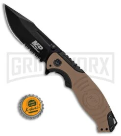 Smith & Wesson M&P Liner Lock Knife Tan/Black SWMP13GLS - Black Serr -Knivesand Tools Shop Smith Wesson MP tan black black serr SWMP13GLS BHQ 68962 er size large