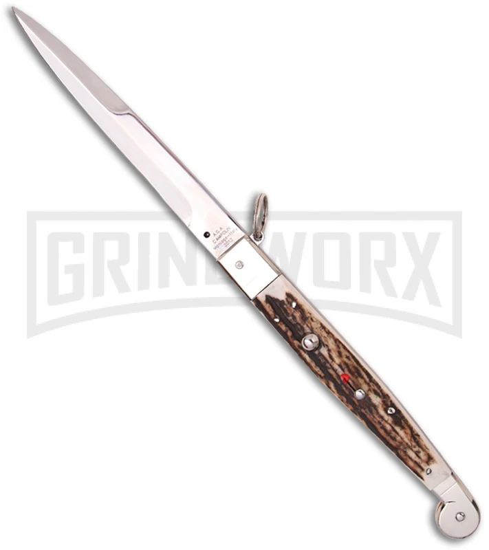 A.G.A. Campolin 12" Stag Horn Sicilian Ring Pull Automatic Knife - Bayonet A.G.A. Campolin 12" Stag Horn Sicilian Ring Pull Automatic Knife - Bayonet -Knivesand Tools Shop aga campolin sicilian ring pull stag large