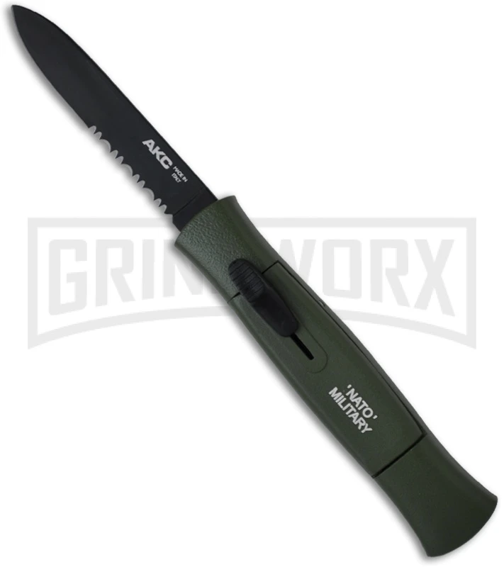 AKC 077 Concord NATO Military Green OTF Automatic Knife - Flat Grind Black Serr AKC 077 Concord NATO Military Green OTF Automatic Knife - Flat Grind Black Serr -Knivesand Tools Shop akc 770 nato green black flat serr large