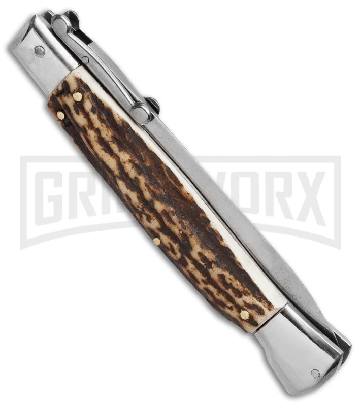 AKC 9" Italian Stiletto Swinguard Stag Automatic Knife - Dagger AKC 9" Italian Stiletto Swinguard Stag Automatic Knife - Dagger -Knivesand Tools Shop akc 9 swing dagger stag side large