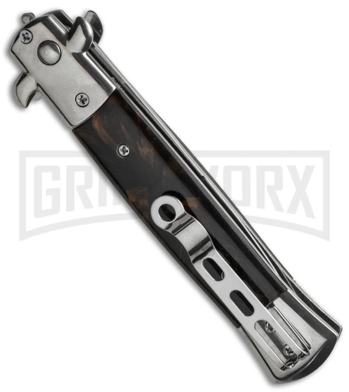 Milano 9" Stiletto Brown Acrylic Automatic Knife - Bayonet Milano 9" Stiletto Brown Acrylic Automatic Knife - Bayonet -Knivesand Tools Shop blade play stilletos gse018mbrn side cm large