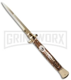 Frank B. 11" Italian Stiletto Stag Automatic Knife - Gold Bayonet