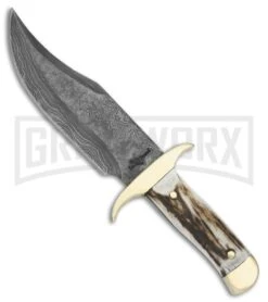 Fox-N-Hound Baby Bowie Stag Fixed Blade Knife - Damascus Plain