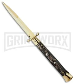 Frank B. 11" Italian Swinguard Gold Plated Dark Horn Automatic Knife - Bayonet