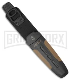 Gerber Myth E-Z Open Black/Brown Rubber Fixed Blade Knife - Gray Plain -Knivesand Tools Shop gerber myth e z open black brown gray GX 31418 jr sheath large