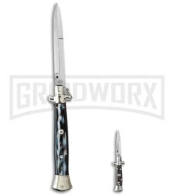 SKM 4.5" Italian Stiletto Dark Horn Automatic Knife - Satin Clip Point -Knivesand Tools Shop skm 4in stiletto dark horn bayo size cm large