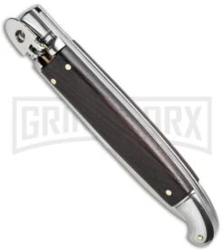 SKM 9.5" Dark Wood Fancy LeverLock Automatic Stiletto Knife - Satin Bayo 4 SKM 9.5" Dark Wood Fancy LeverLock Automatic Stiletto Knife - Satin Bayo -Knivesand Tools Shop skm 9 5in wood leverlock bottom cm large