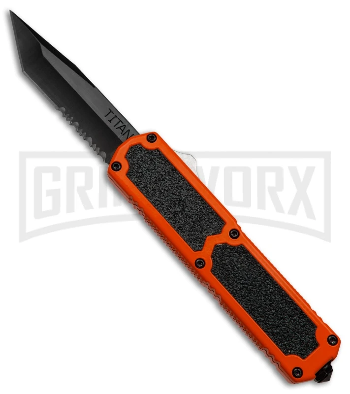 Titan Orange D/A OTF Automatic Knife - Tanto Black Serr Titan Orange D/A OTF Automatic Knife - Tanto Black Serr -Knivesand Tools Shop titan orange tanto black serr BP 18429 er large